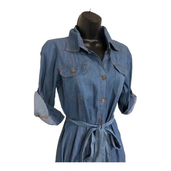 Blue denim fabric button front boho look belted dress size small brand new - Picture 11 of 16